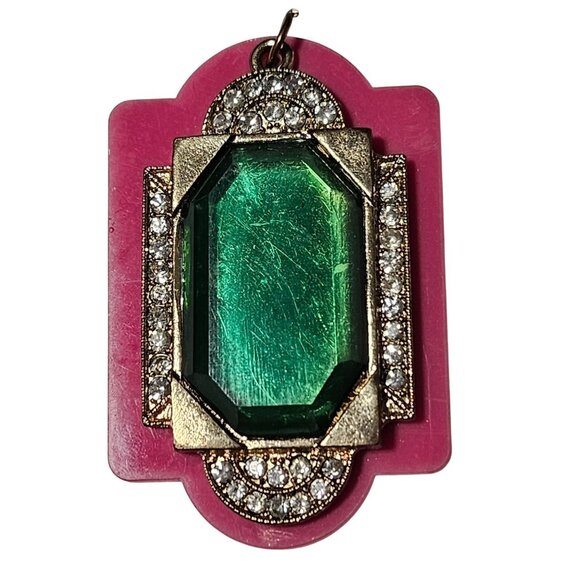 Vintage Gold Tone Green Crystal Pendant Pink Backing Rhinestones Retro Fashion - Picture 1 of 3